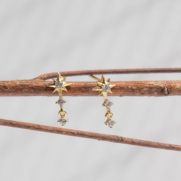 Sterling Silver CZ Starburst Drop Studs Earrings