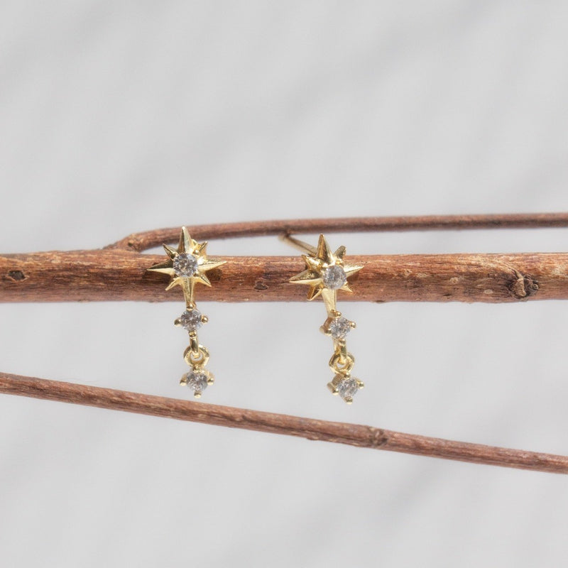 Sterling Silver CZ Starburst Drop Studs Earrings