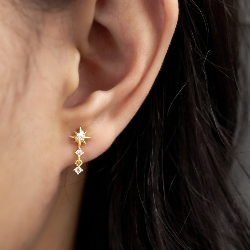Sterling Silver CZ Starburst Drop Studs Earrings