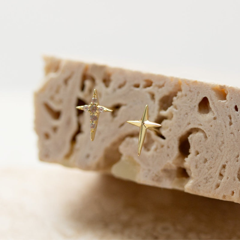 Sterling Silver CZ & Plain 4 Pointed Stars Stud Earrings