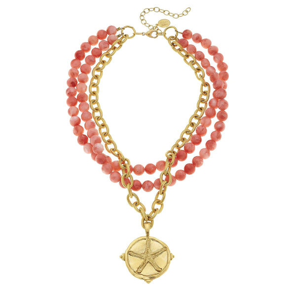 Handcast Gold Starfish and Coral Necklace