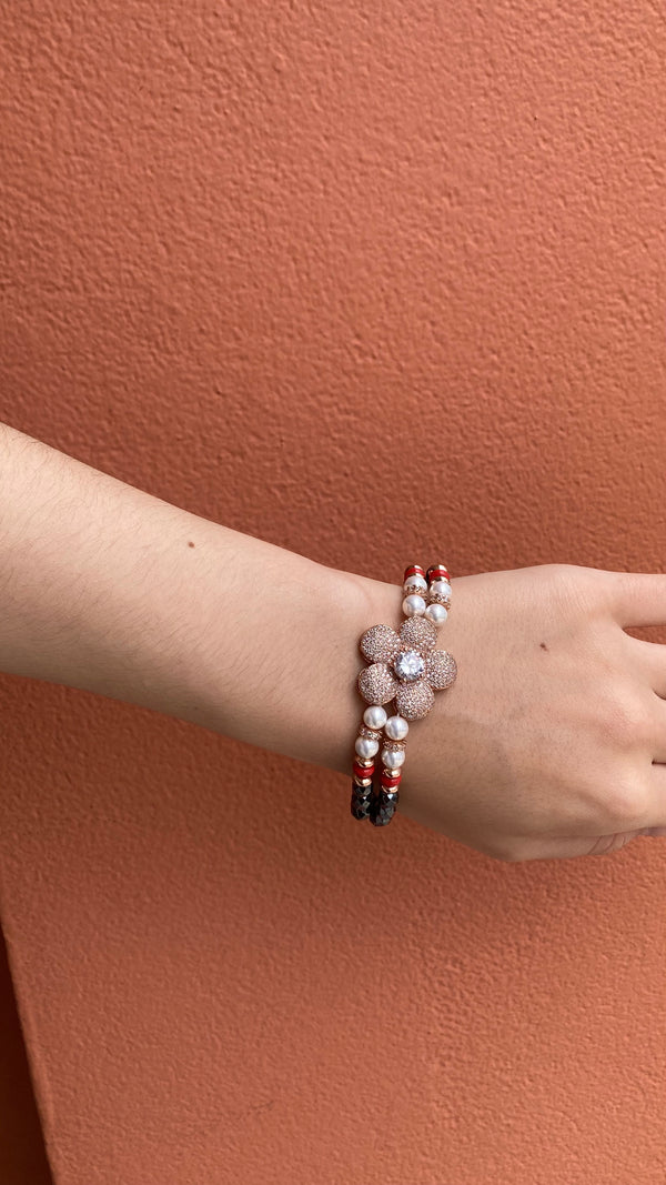 Rose Gold Flower Bracelet with Green or Red accent Beads