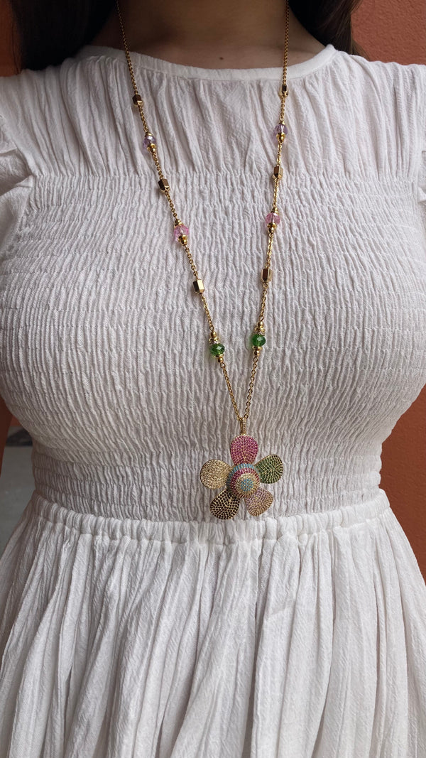 Long Flower Necklace - Multi-Color