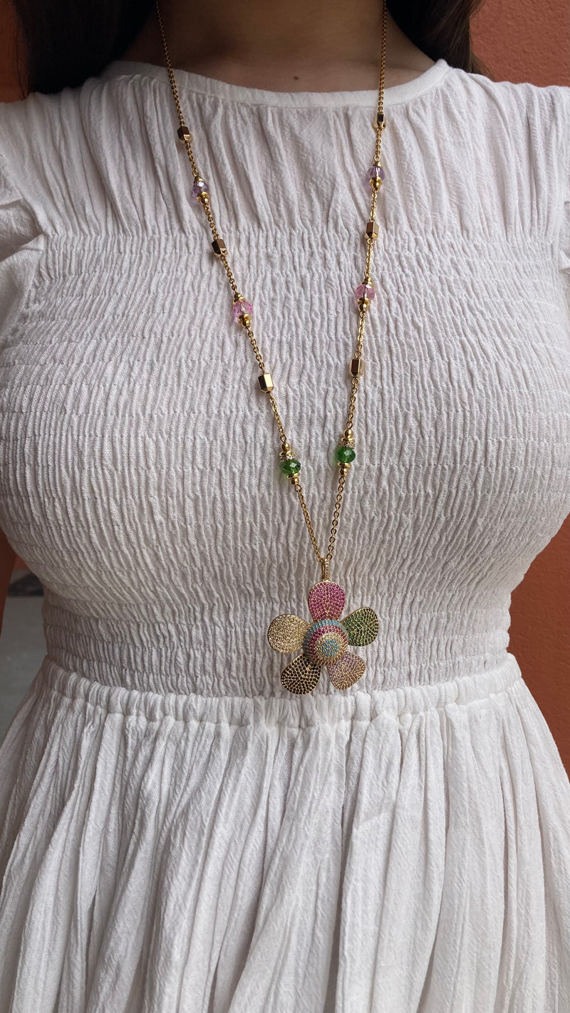Long Flower Necklace - Multi-Color