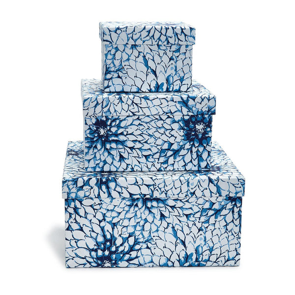 Indigo Block Print Set of 3 Cotton Paper Nesting Boxes Assorted 3 Patterns - Handmade Recycled Cotton Paper