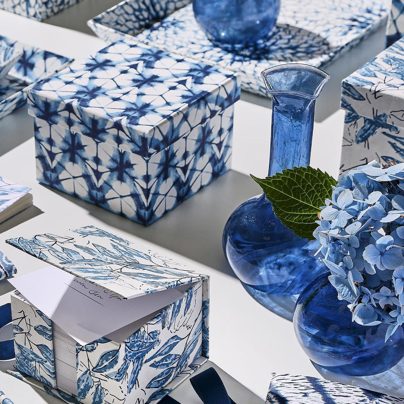 Indigo Block Print Set of 3 Cotton Paper Nesting Boxes Assorted 3 Patterns - Handmade Recycled Cotton Paper