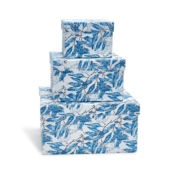 Indigo Block Print Set of 3 Cotton Paper Nesting Boxes Assorted 3 Patterns - Handmade Recycled Cotton Paper