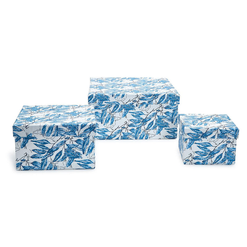 Indigo Block Print Set of 3 Cotton Paper Nesting Boxes Assorted 3 Patterns - Handmade Recycled Cotton Paper
