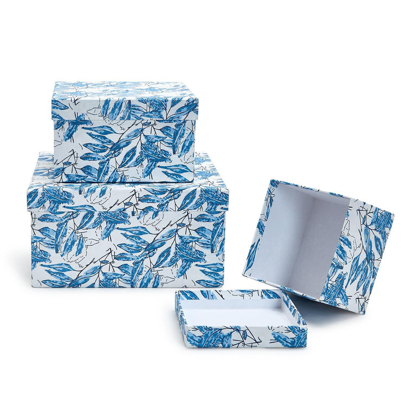 Indigo Block Print Set of 3 Cotton Paper Nesting Boxes Assorted 3 Patterns - Handmade Recycled Cotton Paper