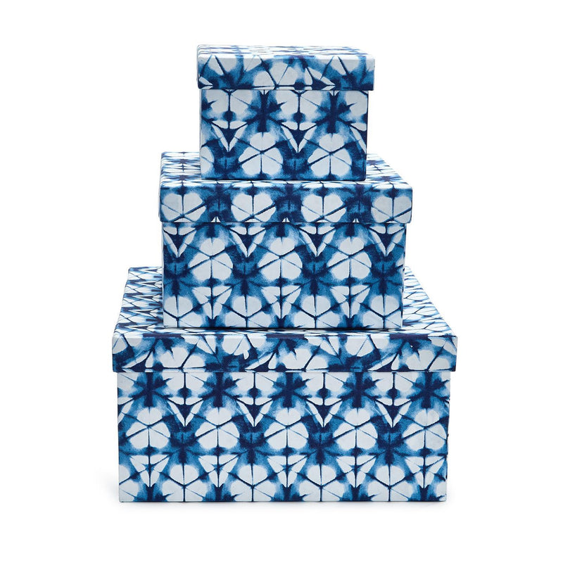 Indigo Block Print Set of 3 Cotton Paper Nesting Boxes Assorted 3 Patterns - Handmade Recycled Cotton Paper