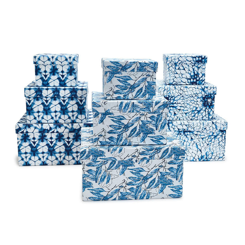 Indigo Block Print Set of 3 Cotton Paper Nesting Boxes Assorted 3 Patterns - Handmade Recycled Cotton Paper