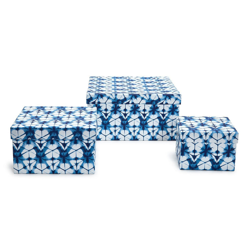 Indigo Block Print Set of 3 Cotton Paper Nesting Boxes Assorted 3 Patterns - Handmade Recycled Cotton Paper