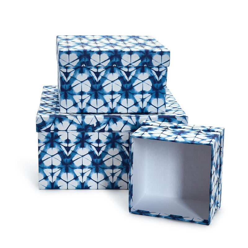 Indigo Block Print Set of 3 Cotton Paper Nesting Boxes Assorted 3 Patterns - Handmade Recycled Cotton Paper