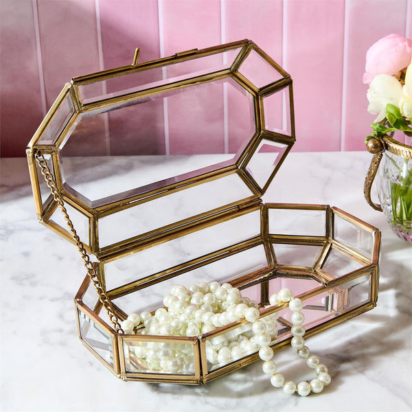 Glass Jewelry Box with Gold Antique Trim - Glass/Brass