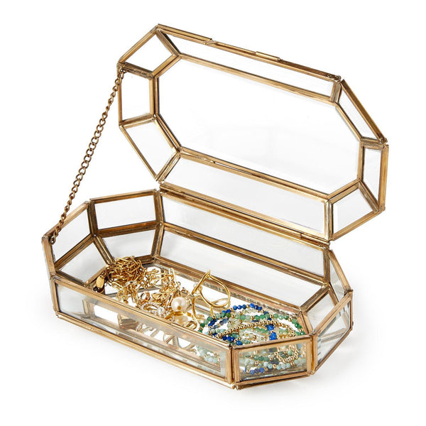 Glass Jewelry Box with Gold Antique Trim - Glass/Brass