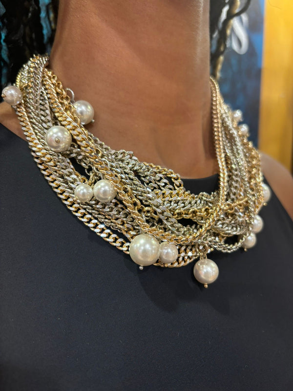 Mixed Metal Layered Necklace with Pearls ( Long + Short)