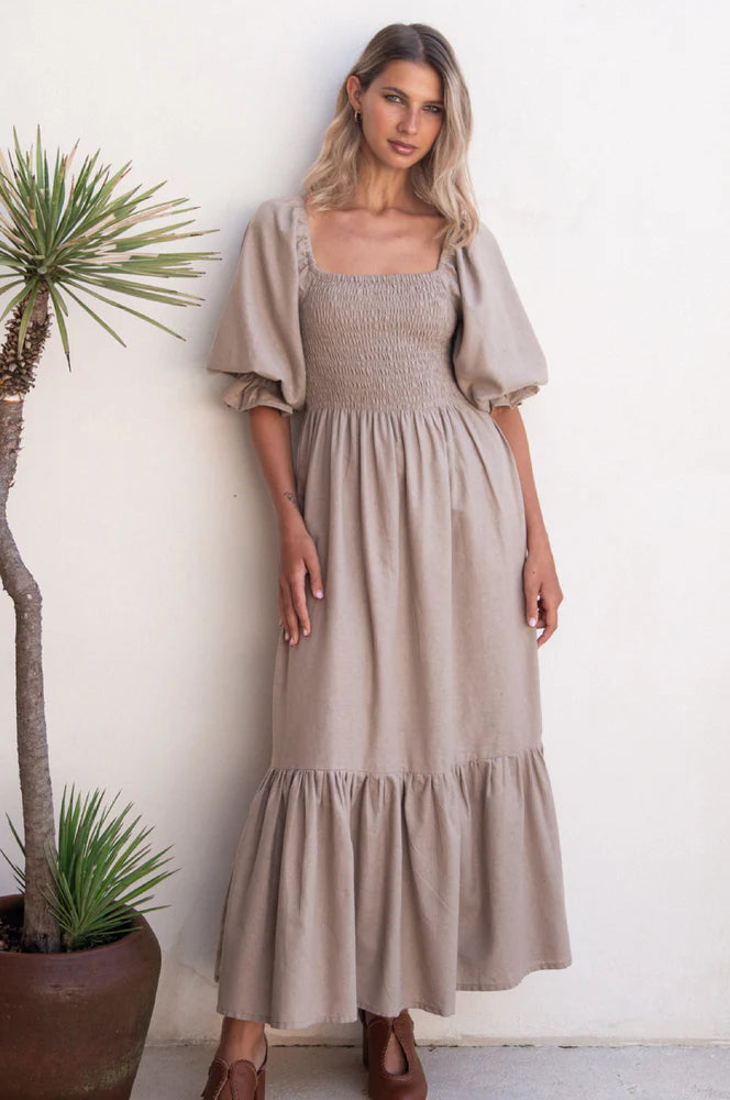 Almeria Smocked Midi Linen Dress