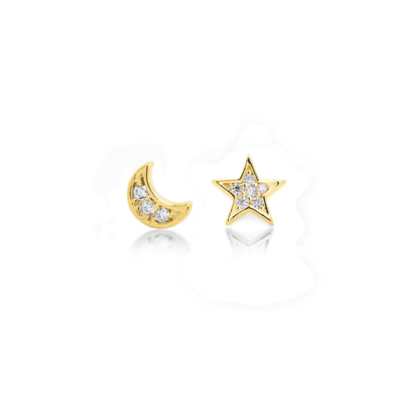 Sterling Silver Mismatched CZ Moon and Star Studs