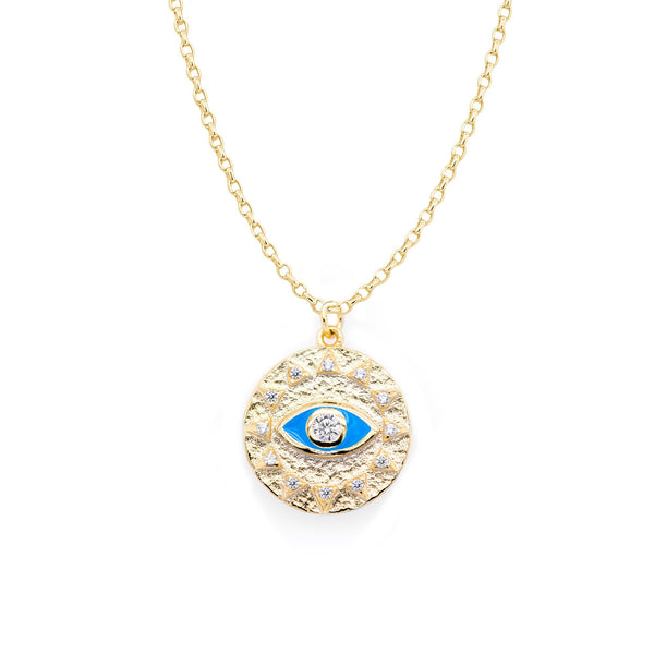 Sterling Silver Gold Vermeil CZ Eye Sun Coin Necklace