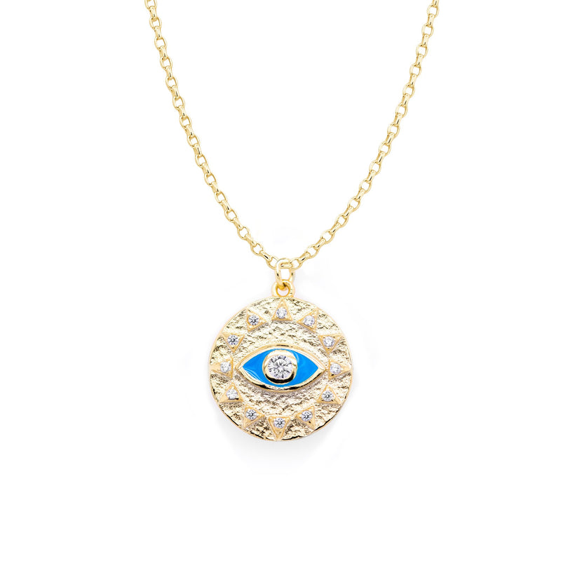 Sterling Silver Gold Vermeil CZ Eye Sun Coin Necklace