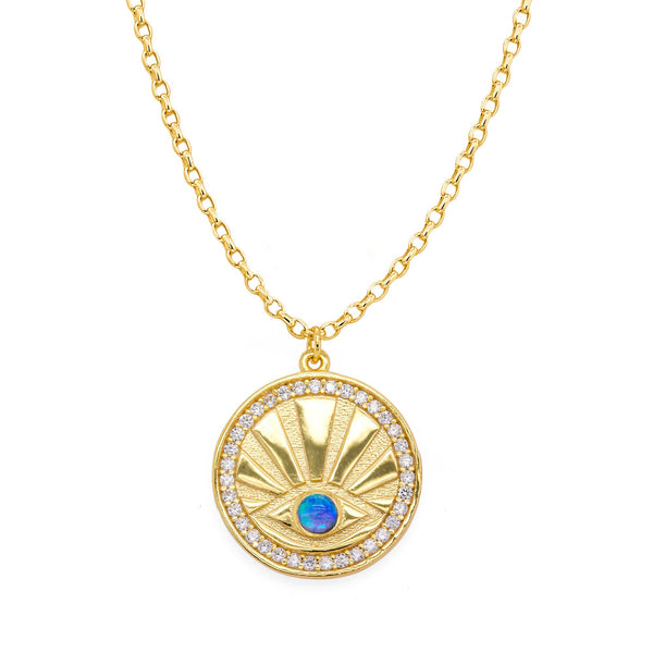 Sterling Silver Gold Vermeil CZ Blue Opal Evil Eye with Coin Necklace