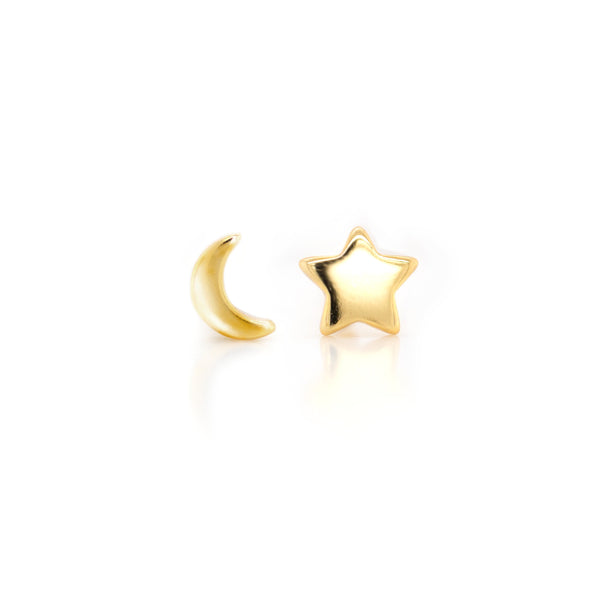 Sterling Silver Gold Vermeil Plain Petite Mismatched Moon & Star Studs