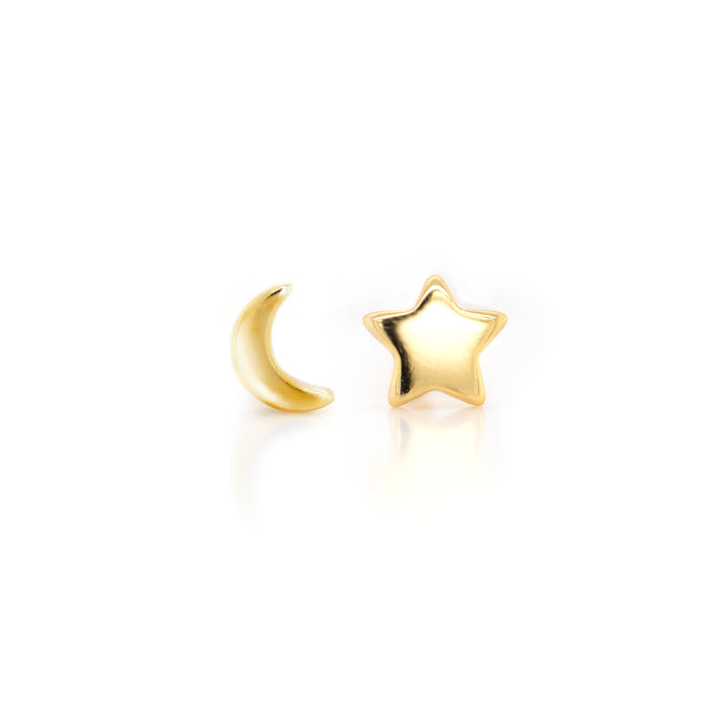 Sterling Silver Gold Vermeil Plain Petite Mismatched Moon & Star Studs