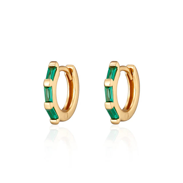 Baguette Huggie Earrings with Green Stones