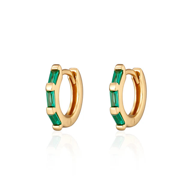 Baguette Huggie Earrings with Green Stones