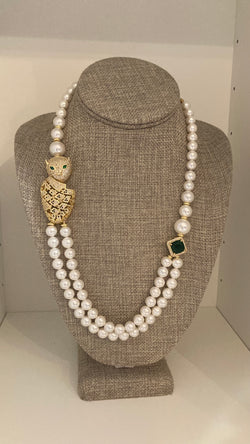 Long Gold and Pearl Necklace with Panther Pendent
