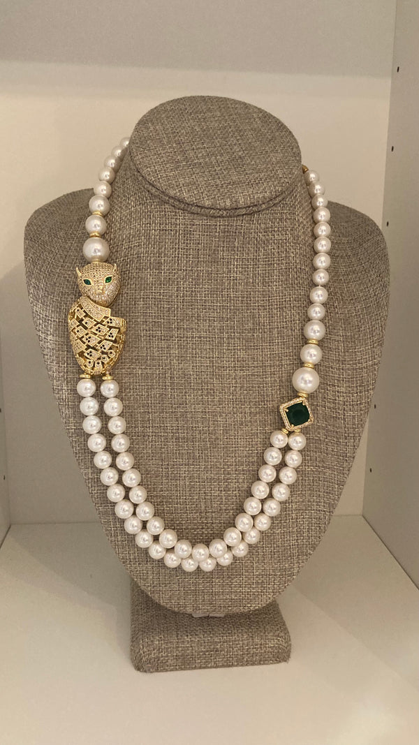 Long Gold and Pearl Necklace with Panther Pendent