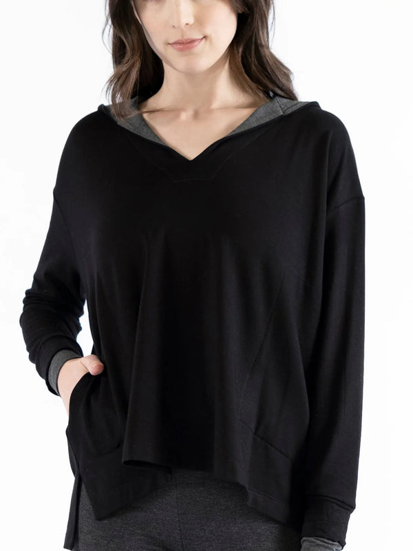 Emma Notched V-Neck Hooded Pullover