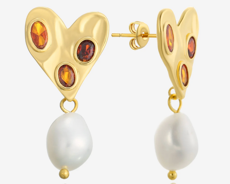 Embellished Heart & Pearl Drop Stud Earrings