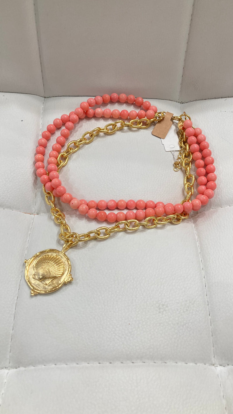 Handcast Gold Seashell and Coral Necklace