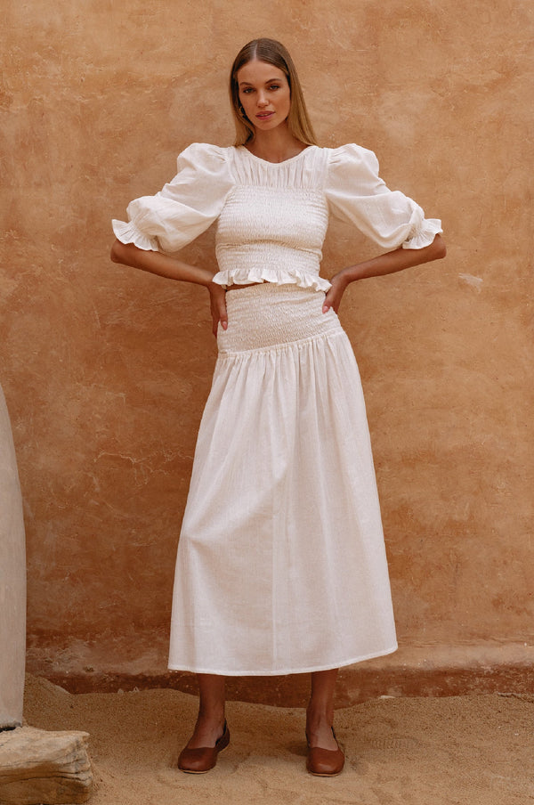Lavena Smocked Midi Linen Skirt