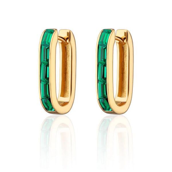 Gold Oval Baguette Hoop Earrings with Green Stones