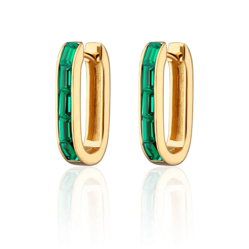 Gold Oval Baguette Hoop Earrings with Green Stones