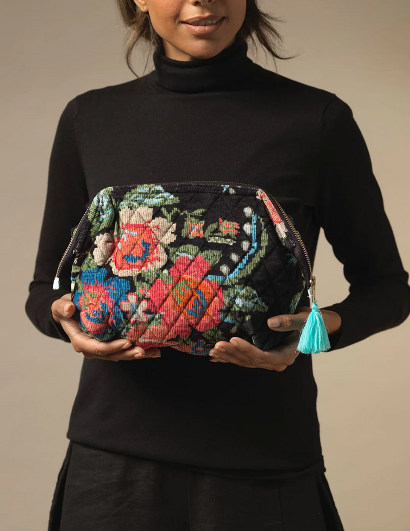 Woven Flower Black Velvet Pouch