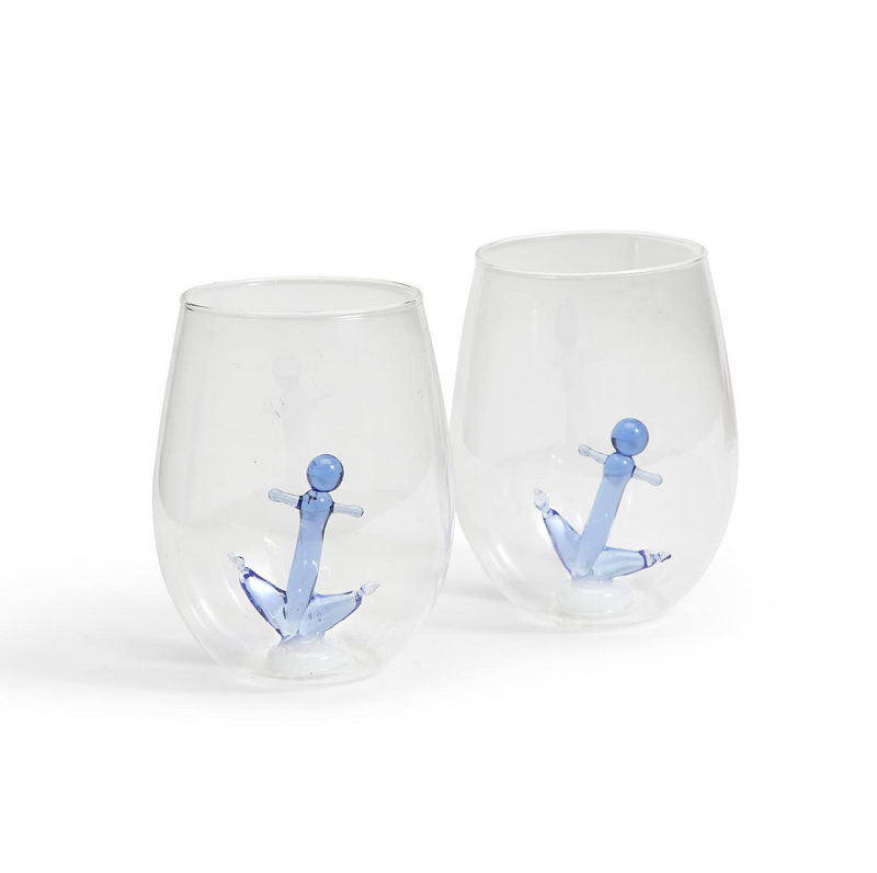 Anchors Aweigh Stemless Wine Glass (20 oz., hand wash recommended) - Hand-Blown Glass