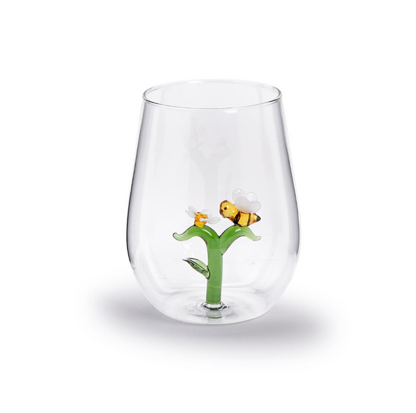 Bee and Flower Icon Stemless Wine Glass - (20 oz., hand wash only) - Glass
