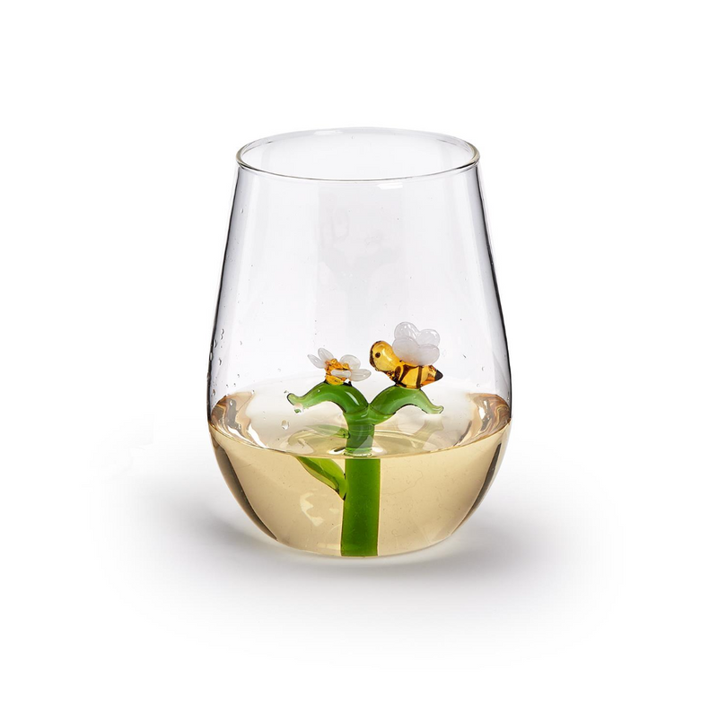 Bee and Flower Icon Stemless Wine Glass - (20 oz., hand wash only) - Glass