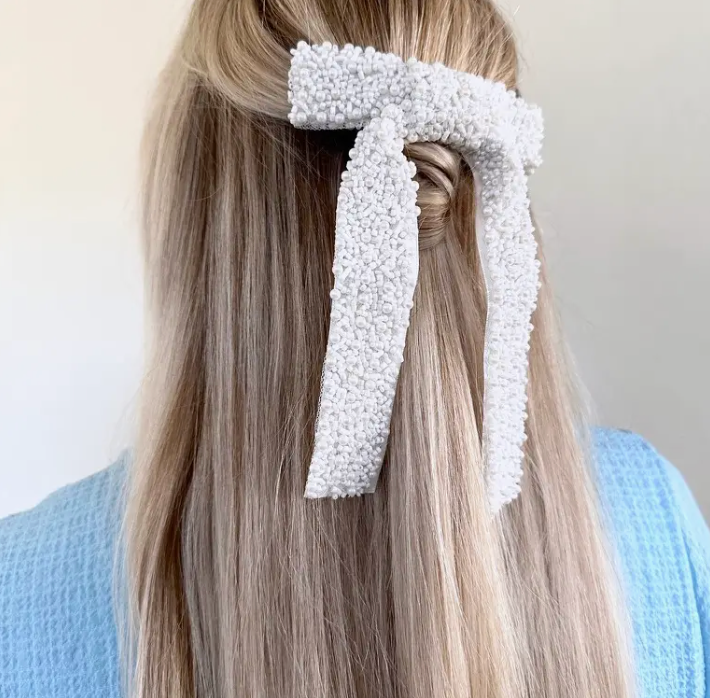 Embellished Hair Bow Barrette Clip | Hand-Stitched