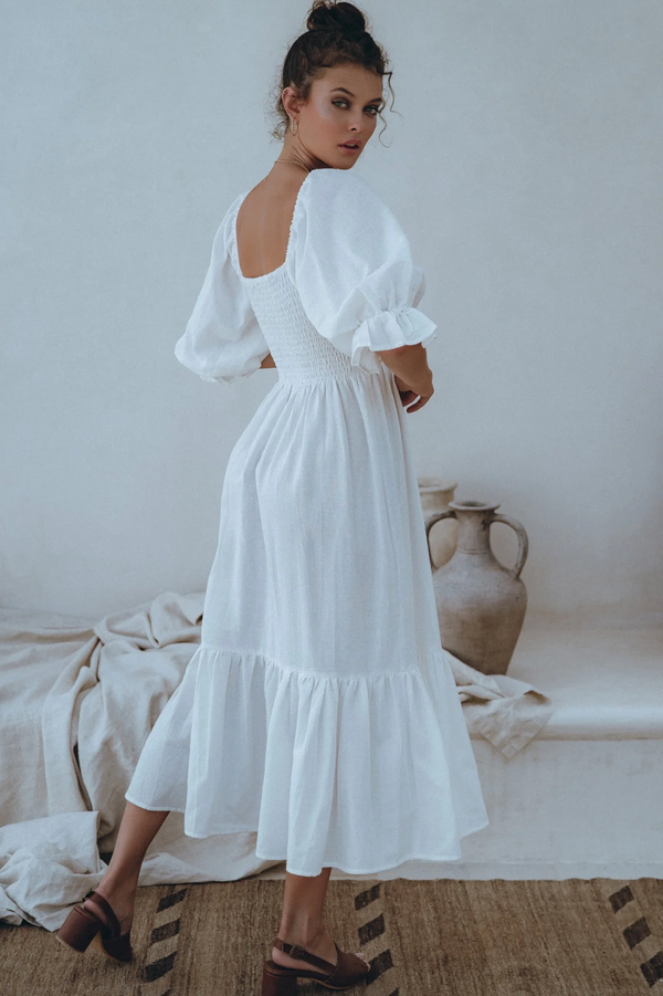 Almeria Smocked Midi Linen Dress