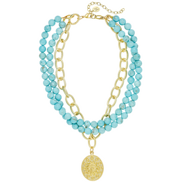 Gold Rope Oval Concho + 3 row Matte Turquoise Necklace
