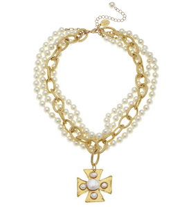 Gold Maltese Cross with Freshwater Pearls