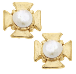 Gold Cross with Freshwater Pearl Earrings