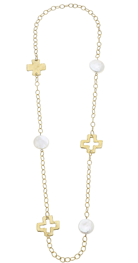 Gold Cross & Coin Pearl Chain Necklace