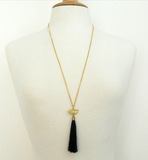 Gold Half Moon & Black Silk Tassel Necklace