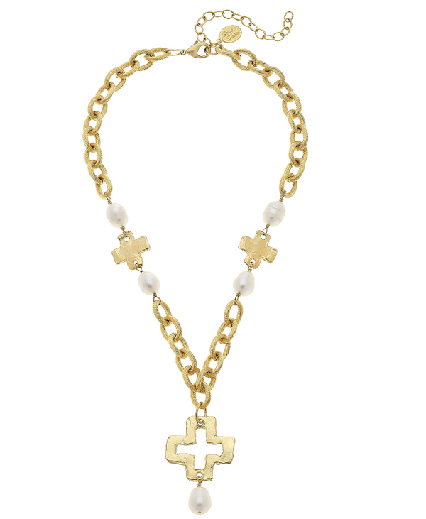 Gold Cross & Freshwater Pearl Chain Necklace