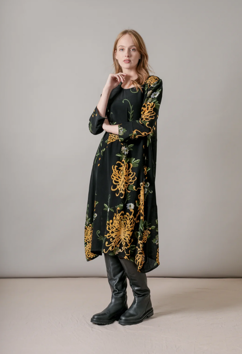 Chrysanthemum Black Asymmetric Dress